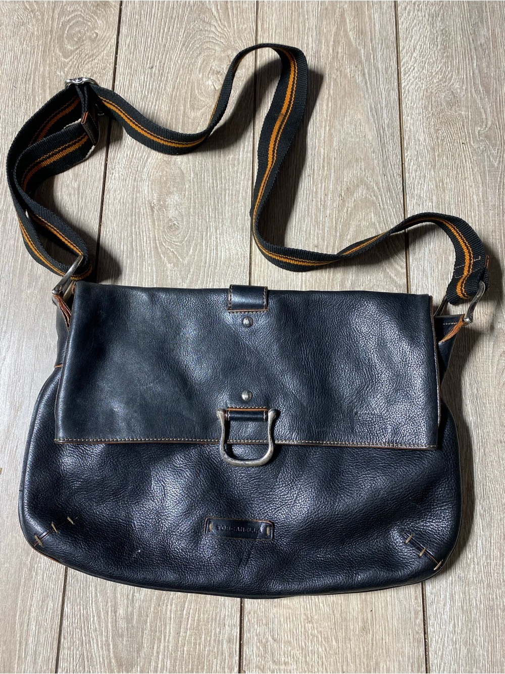 Toscanella Piero Tucci Black Leather Messenger Crossbody Bag Stripe Strap Italy